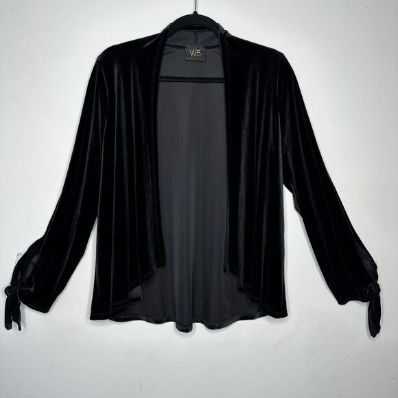 Jet Black Velvet Velour Waterfall Open Front Cardigan Long Sleeve with Ties M - Picture 2 of 10